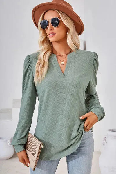 Ruched Notched Long Sleeve T-Shirt Women's T-Shirts - Tophatter Daily Deals